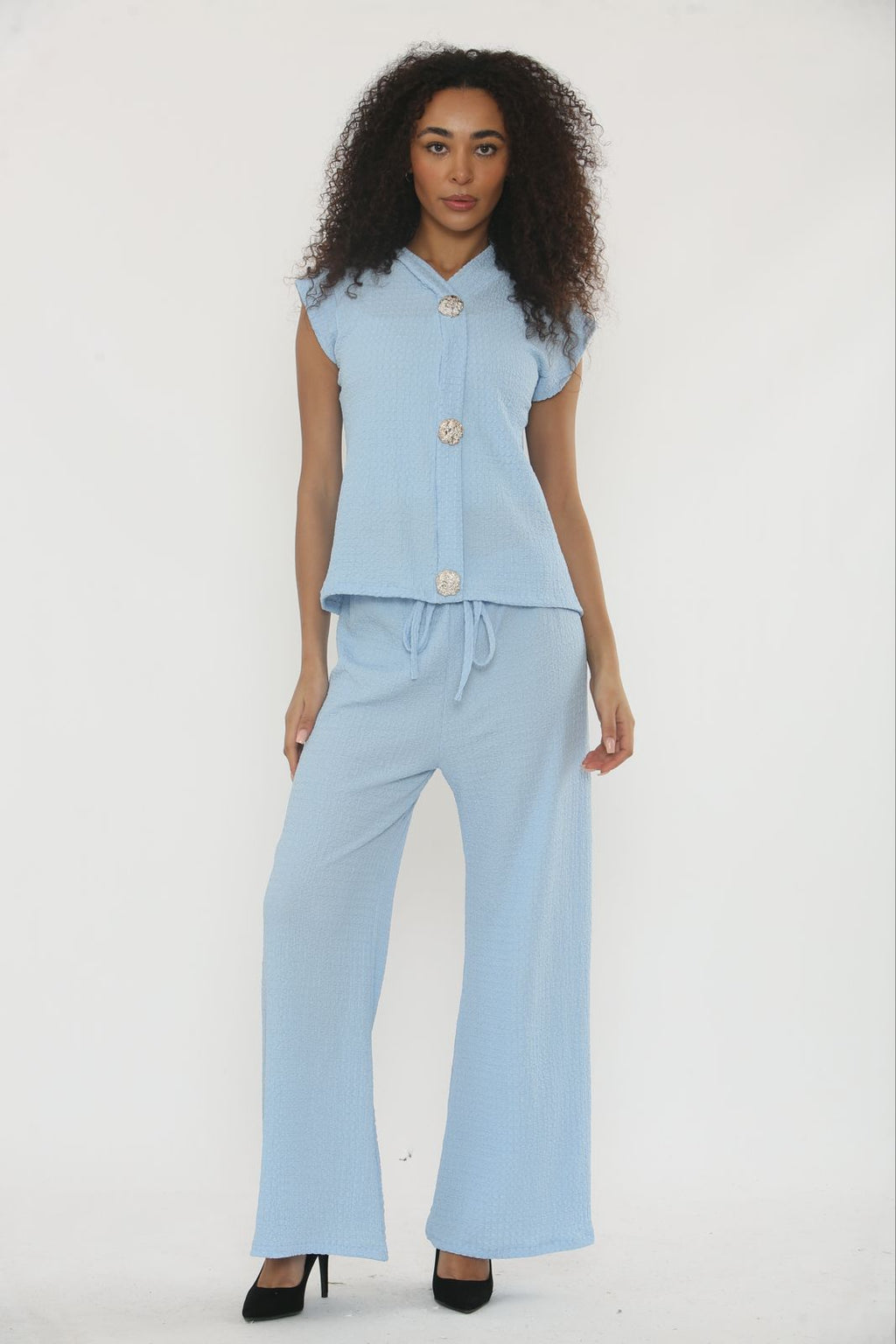 V-Neck Cheesecloth Gold Button Top & Wide Leg Trouser Co-Ord Suit 🇬🇧