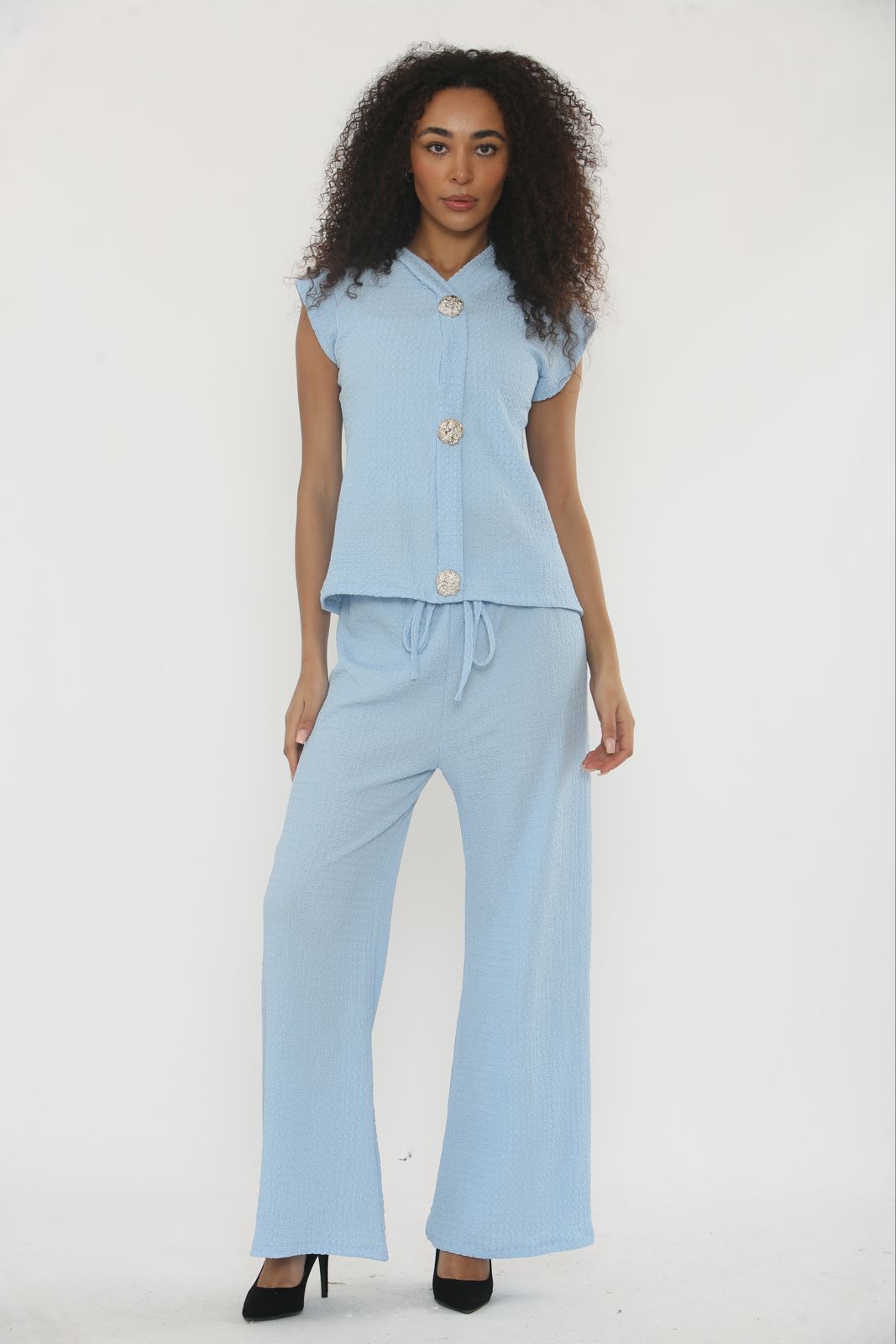 V-Neck Cheesecloth Gold Button Top & Wide Leg Trouser Co-Ord Suit 🇬🇧