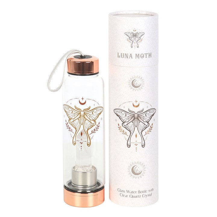 Luna Moth Glass Water Bottle with Clear Quartz Crystal 🇬🇧