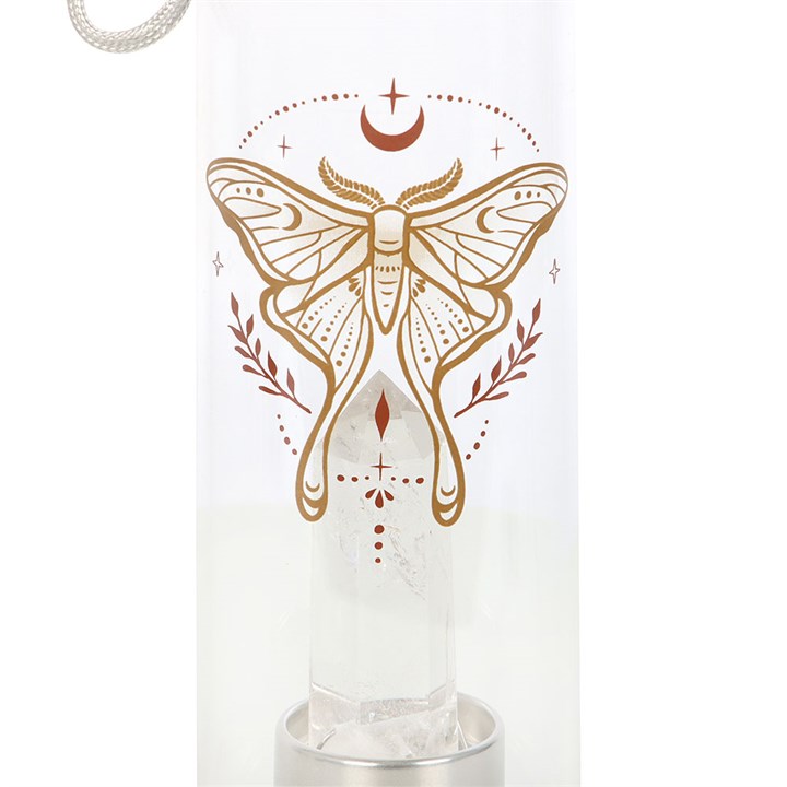 Luna Moth Glass Water Bottle with Clear Quartz Crystal 🇬🇧