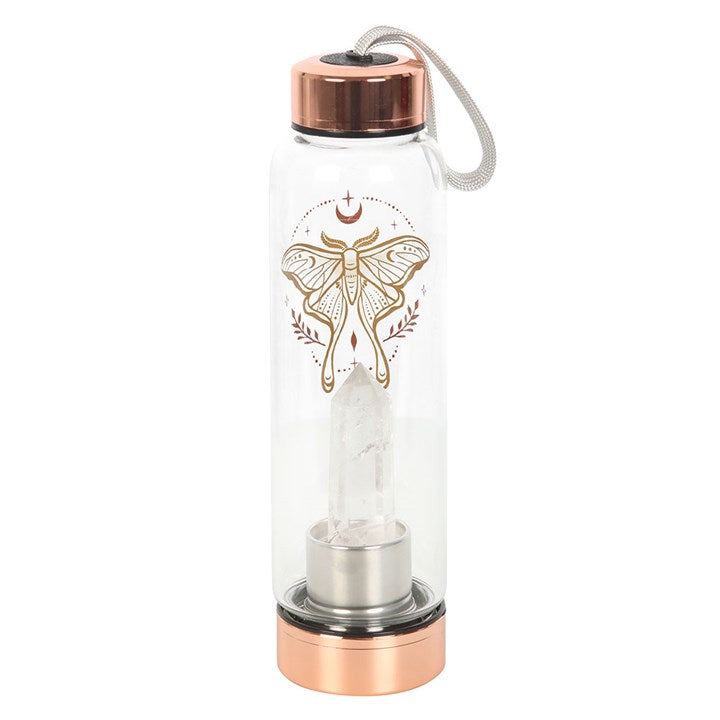 Luna Moth Glass Water Bottle with Clear Quartz Crystal 🇬🇧