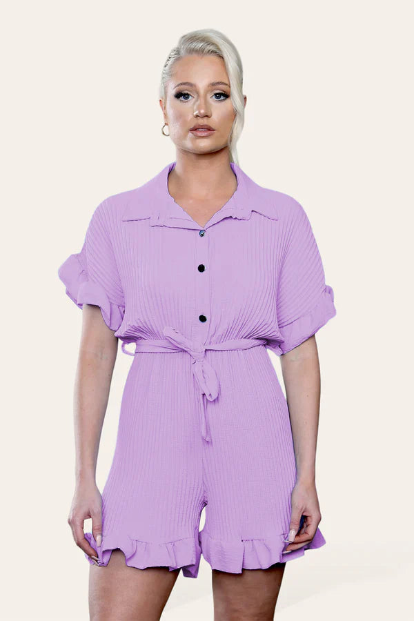 Pleated Ruffle Shirt Short Playsuit With Frill Hems 🇬🇧