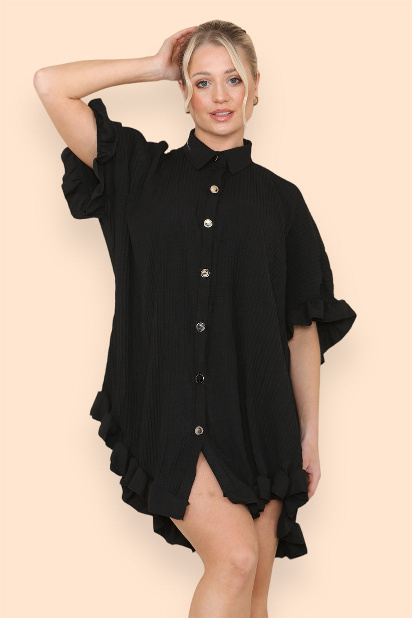 Over Sized Italian Gold Button Pleated Frill Ruffle Dress Top 🇬🇧