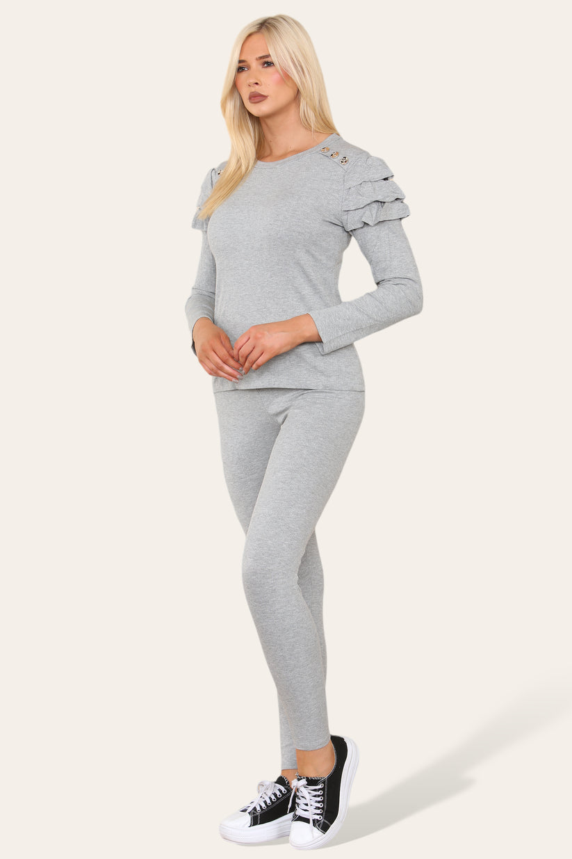 Frilled Sleeves Set Shoulder Golden Button Lounge Wear Suit 🇬🇧