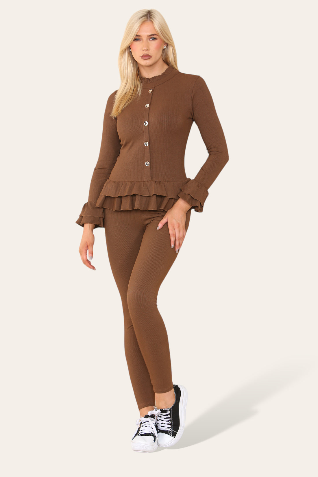 Long Sleeves Peplum Front Buttons Frilled Hem Lounge Wear Set 🇬🇧