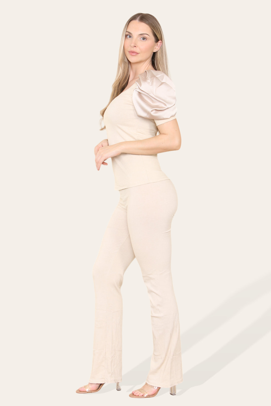 Silky Satin Puff Sleeves Ribbed Lounge Set 🇬🇧