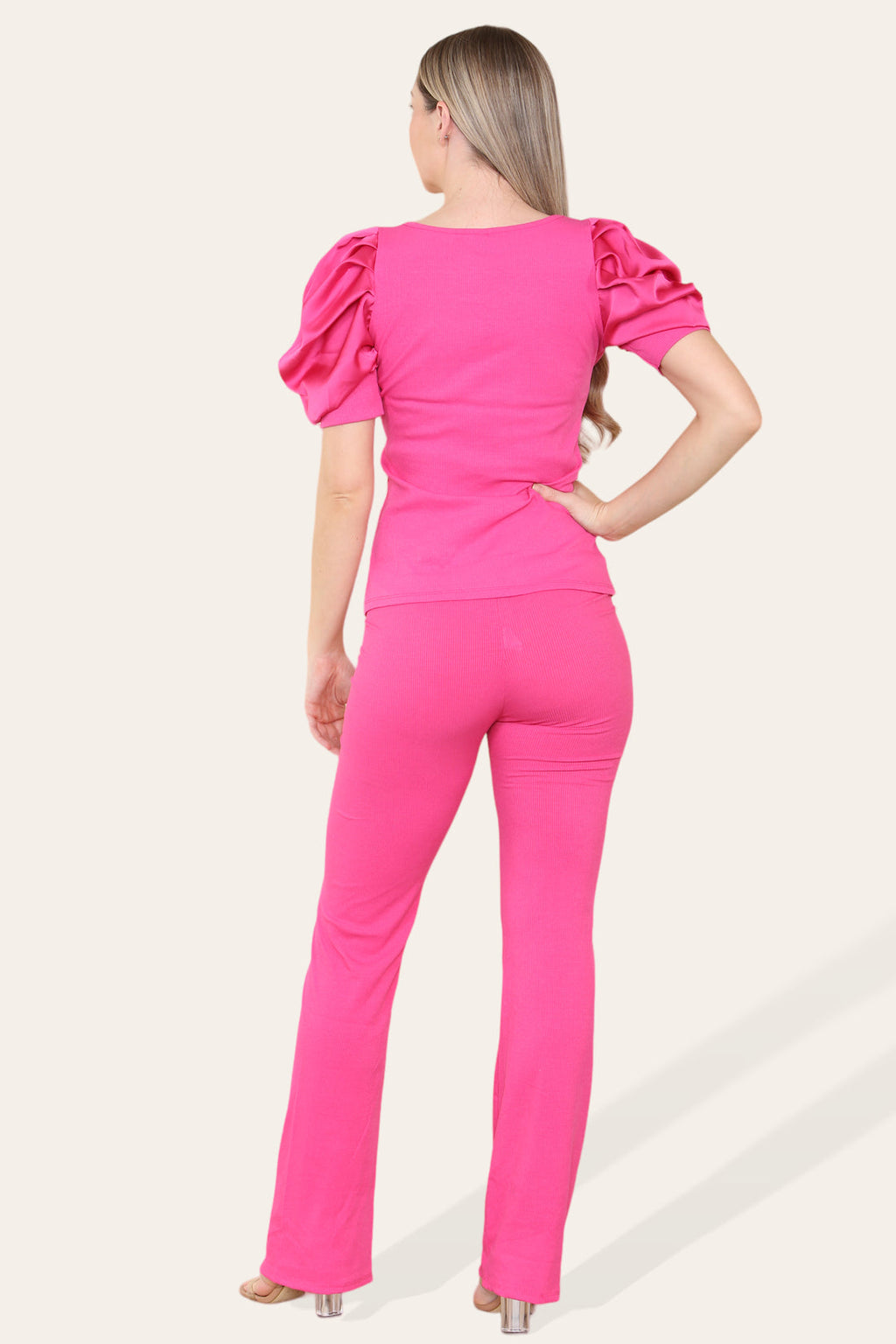 Silky Satin Puff Sleeves Ribbed Lounge Set 🇬🇧