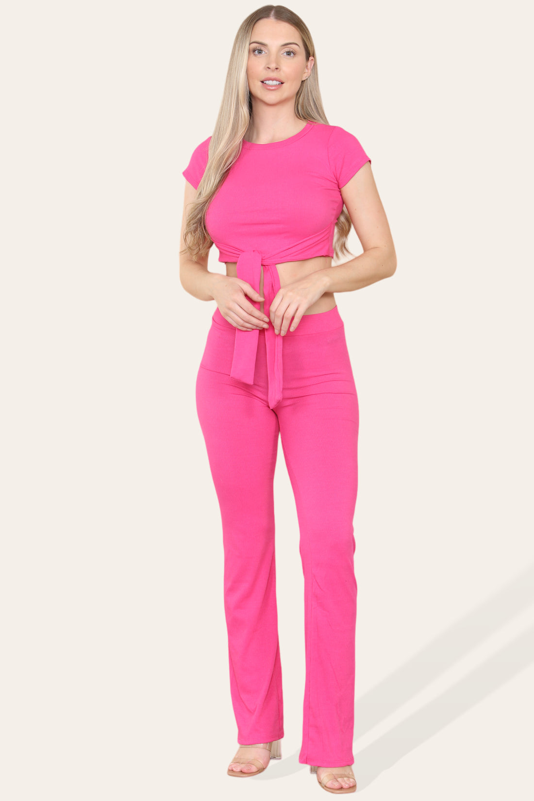 Tie Belt Front Cropped Loungewear Ribbed Trousers Set 🇬🇧