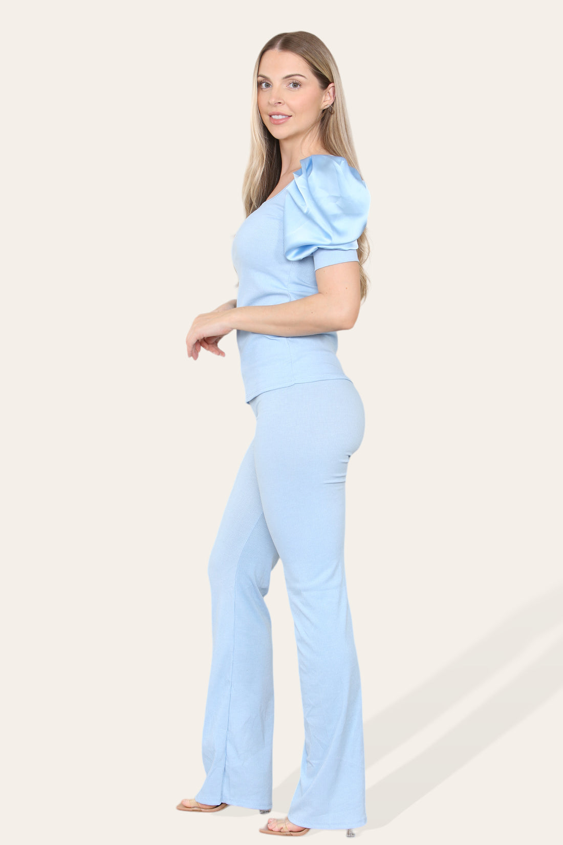 Silky Satin Puff Sleeves Ribbed Lounge Set 🇬🇧