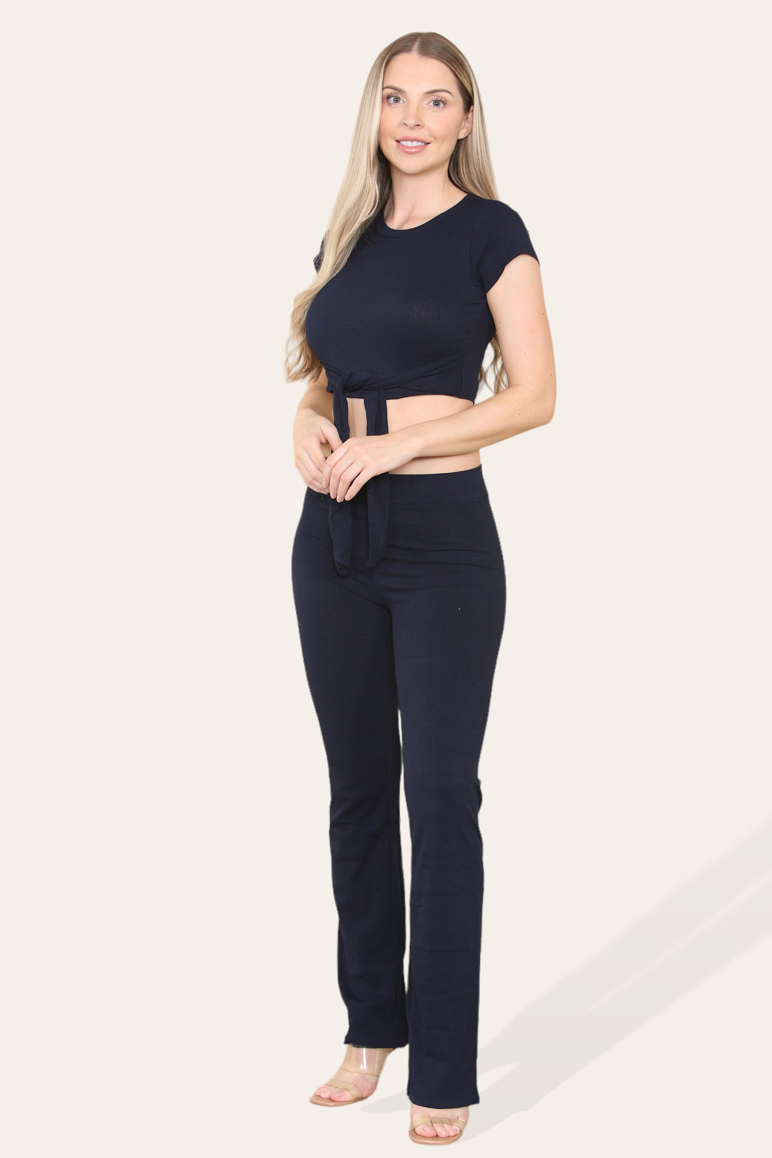 Tie Belt Front Cropped Loungewear Ribbed Trousers Set 🇬🇧