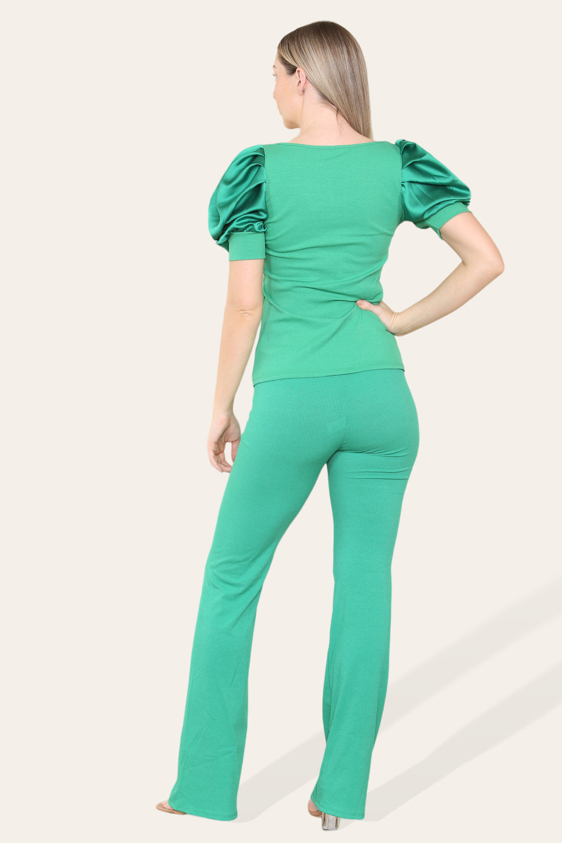 Silky Satin Puff Sleeves Ribbed Lounge Set 🇬🇧