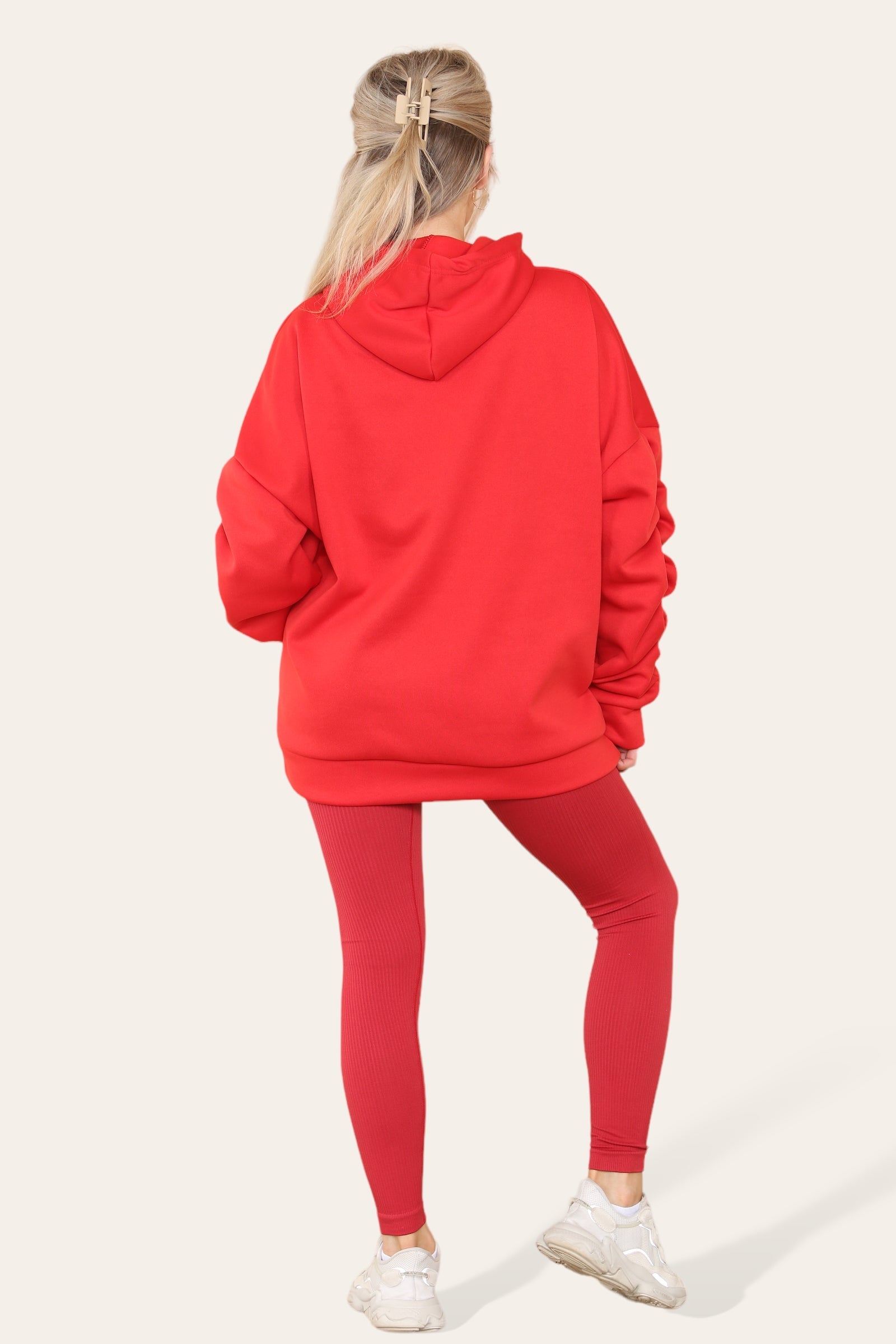 Oversized Ruched Sleeves Hoodie With Satin Ribbon with High Waist High Rise Seamless Ribbed Legging Set 🇬🇧
