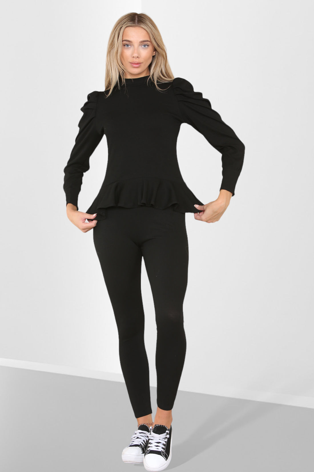 Puff Sleeves Set Frill Hem Peplum Ribbed Lounge Wear Suit 🇬🇧