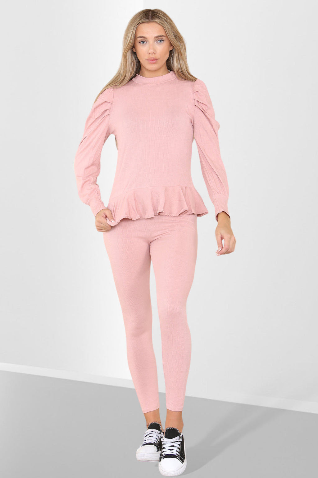Puff Sleeves Set Frill Hem Peplum Ribbed Lounge Wear Suit 🇬🇧