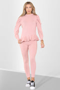 Puff Sleeves Set Frill Hem Peplum Ribbed Lounge Wear Suit 🇬🇧