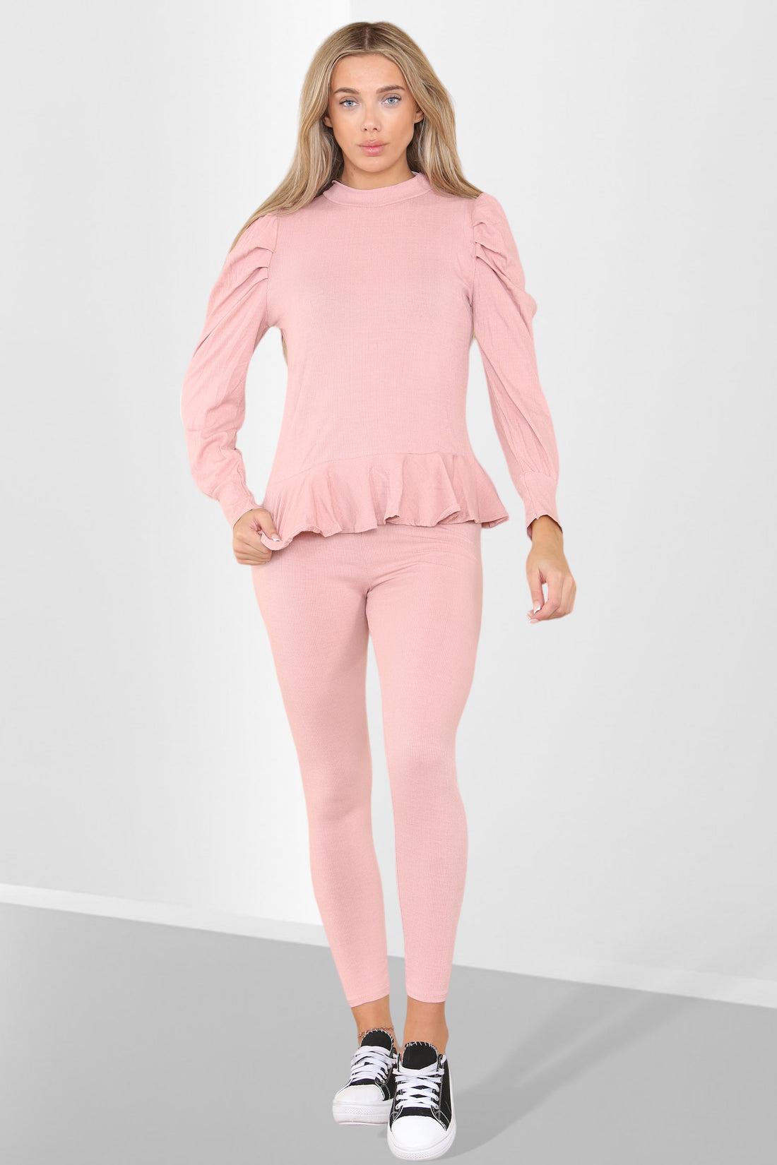 Puff Sleeves Set Frill Hem Peplum Ribbed Lounge Wear Suit 🇬🇧