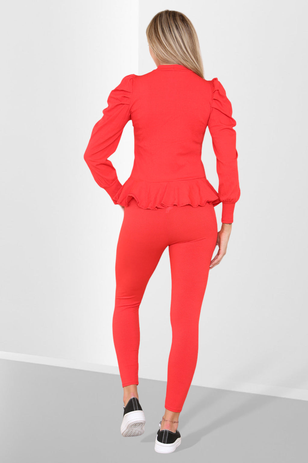 Puff Sleeves Set Frill Hem Peplum Ribbed Lounge Wear Suit 🇬🇧