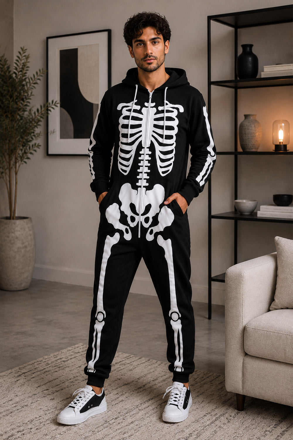 New Ladies Mens Halloween Skeleton Hooded Costume Scary Zip Up All In One unisex Jumpsuit 🇬🇧