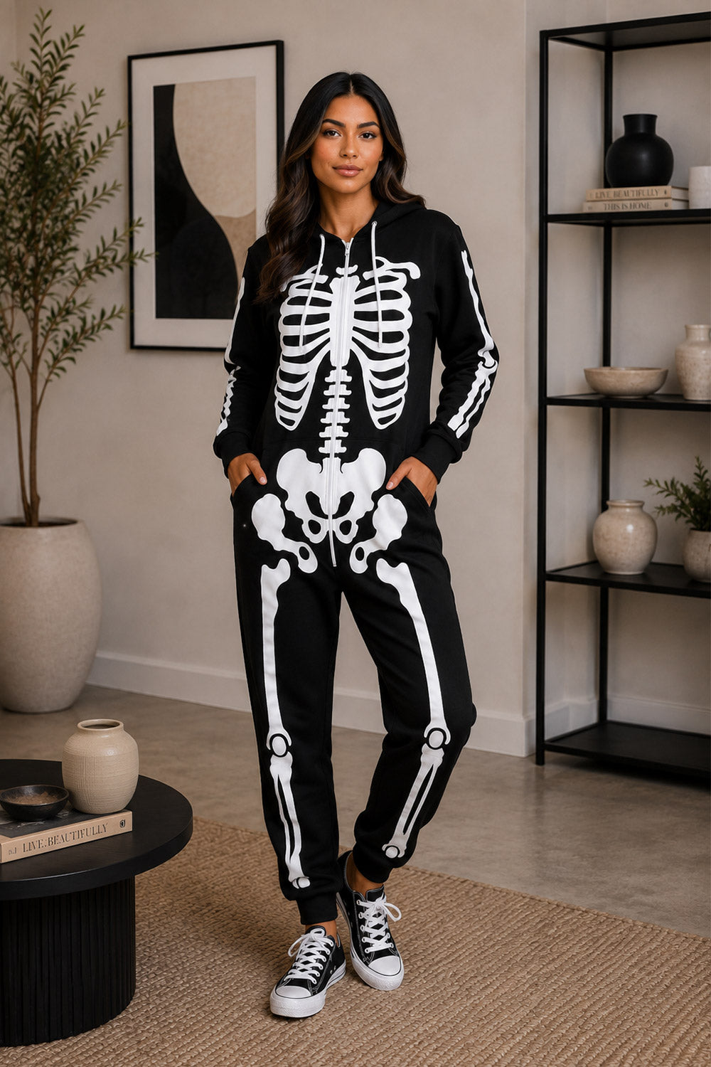 New Ladies Mens Halloween Skeleton Hooded Costume Scary Zip Up All In One unisex Jumpsuit 🇬🇧