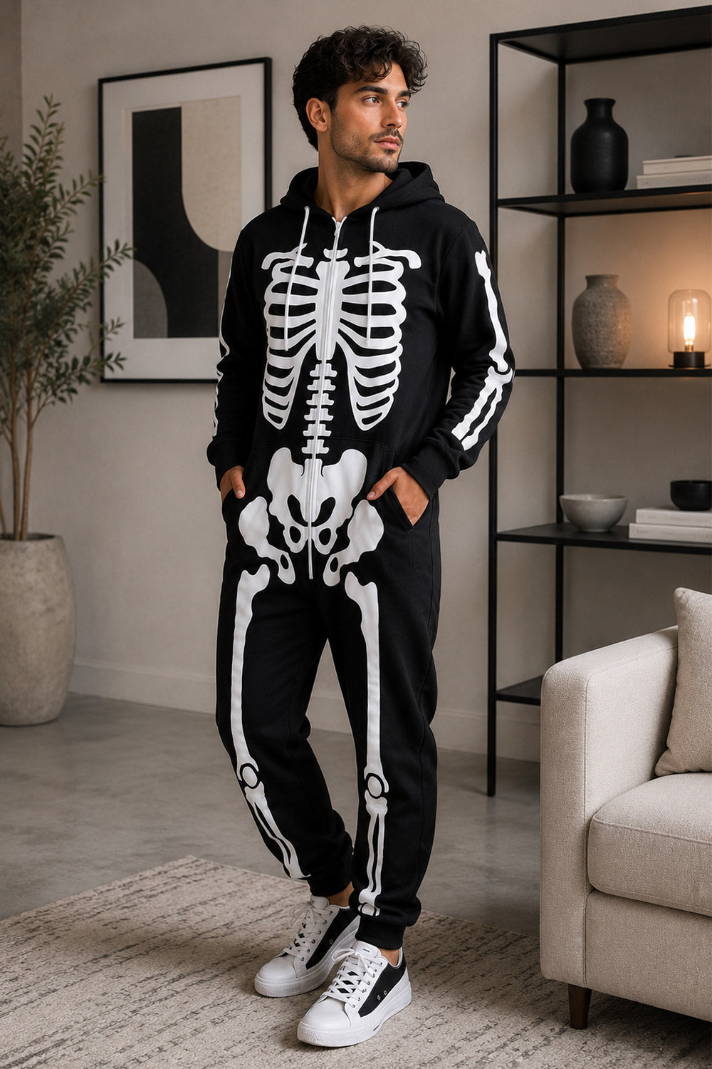 New Ladies Mens Halloween Skeleton Hooded Costume Scary Zip Up All In One unisex Jumpsuit 🇬🇧