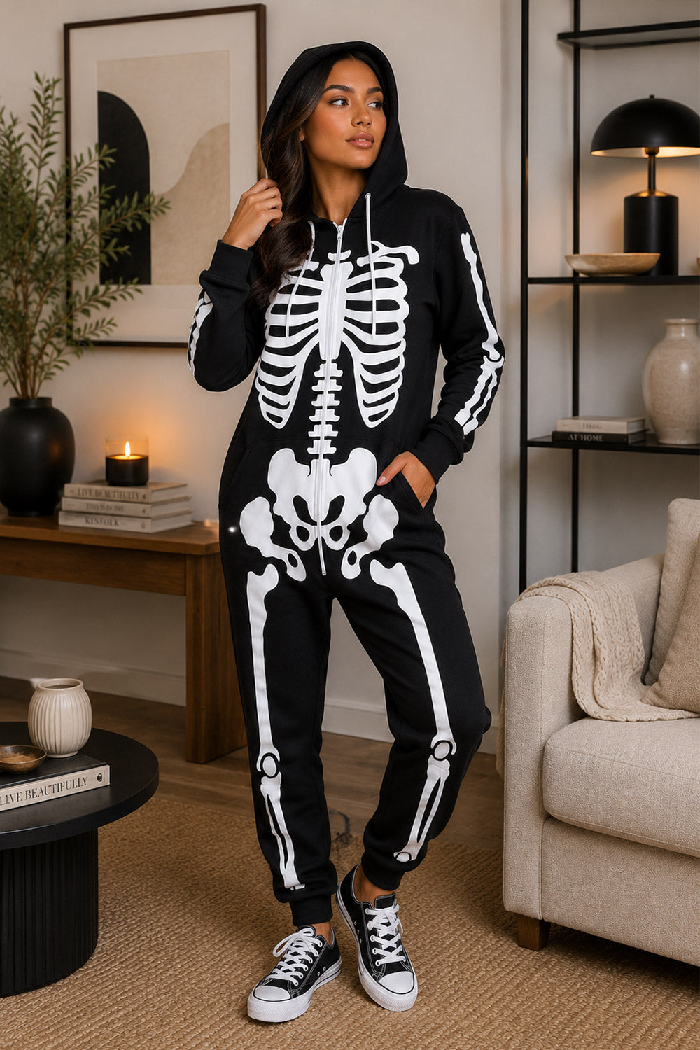 New Ladies Mens Halloween Skeleton Hooded Costume Scary Zip Up All In One unisex Jumpsuit 🇬🇧