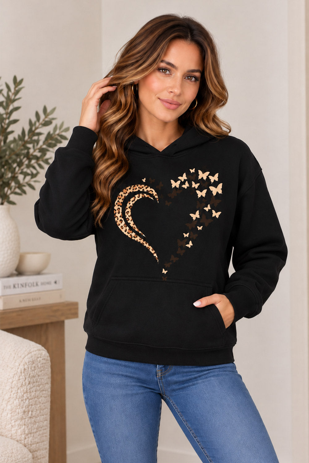 Ladies Leopard Heart Butterfly Print Oversize Hoodie Sweatshirt 🇬🇧
