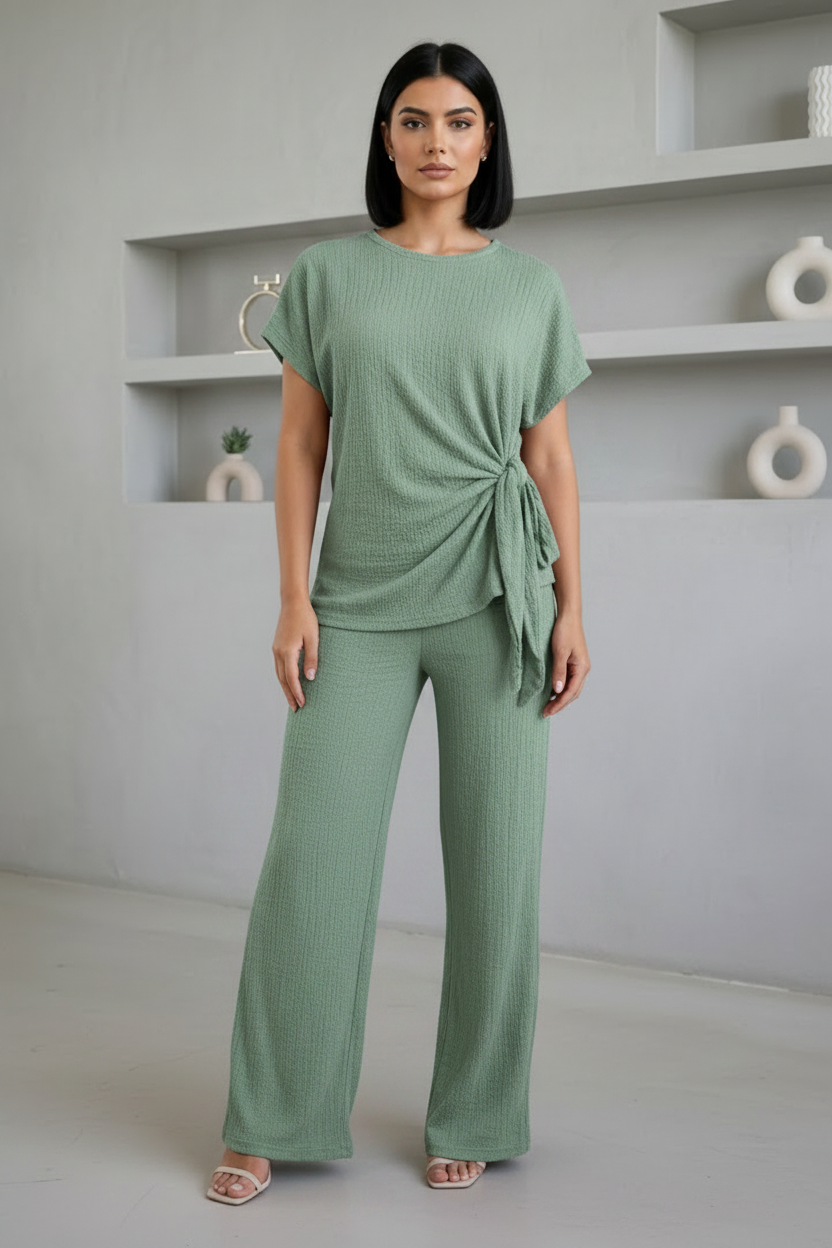 Ladies Womens Popcorn Short Sleeve Tie Side Knot Co-Ord 2Pcs Set 🇬🇧