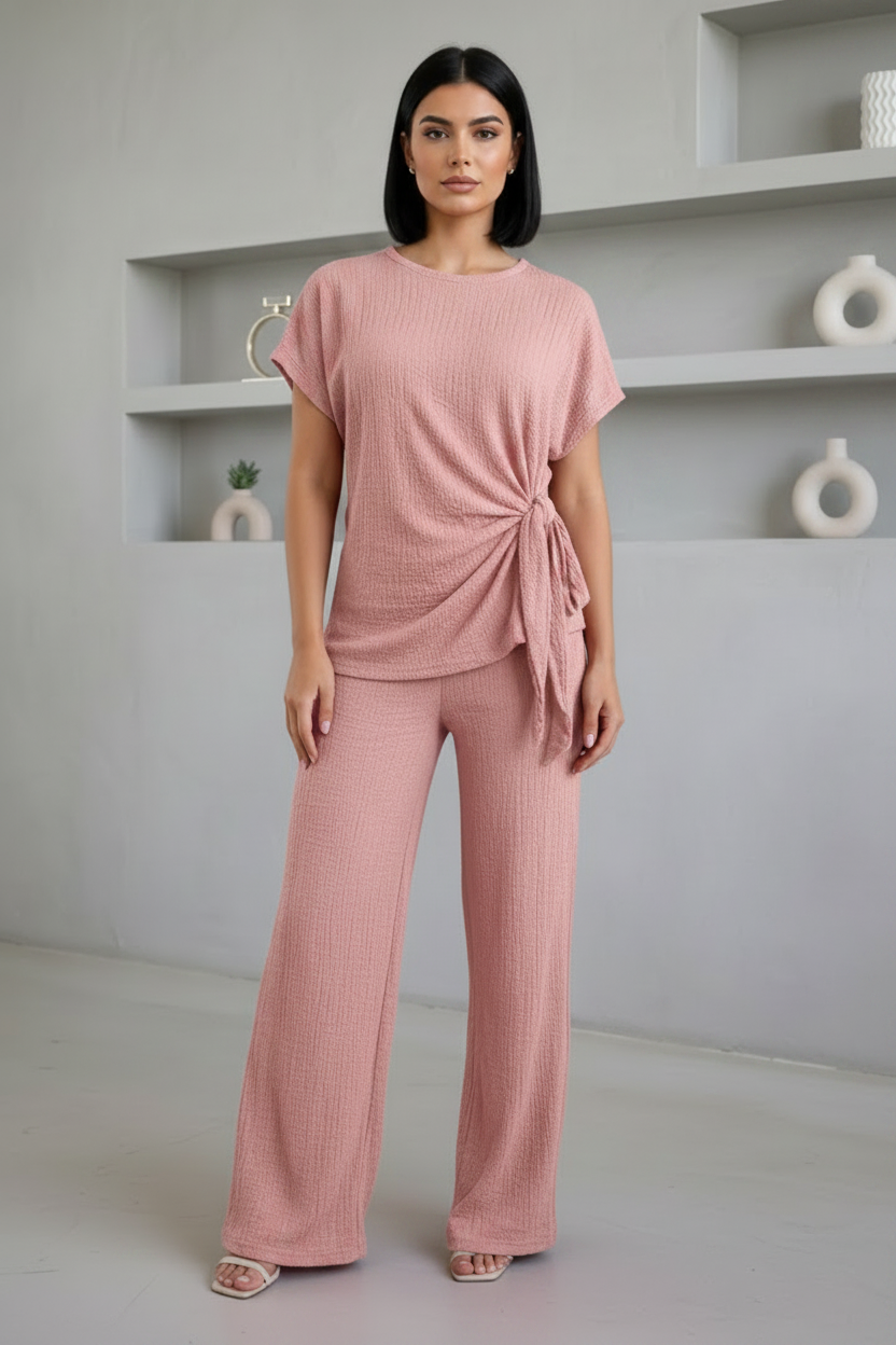 Ladies Womens Popcorn Short Sleeve Tie Side Knot Co-Ord 2Pcs Set 🇬🇧