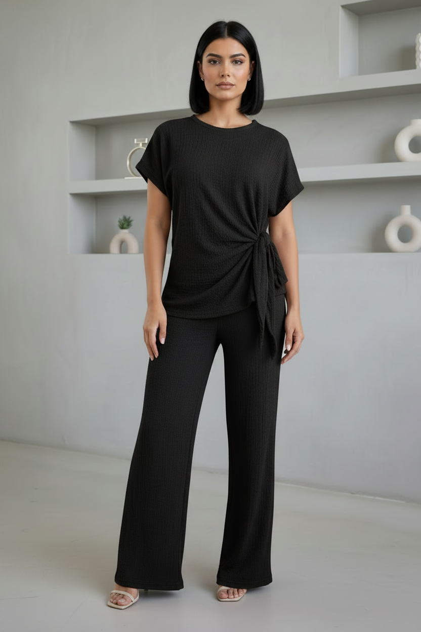 Ladies Womens Popcorn Short Sleeve Tie Side Knot Co-Ord 2Pcs Set 🇬🇧