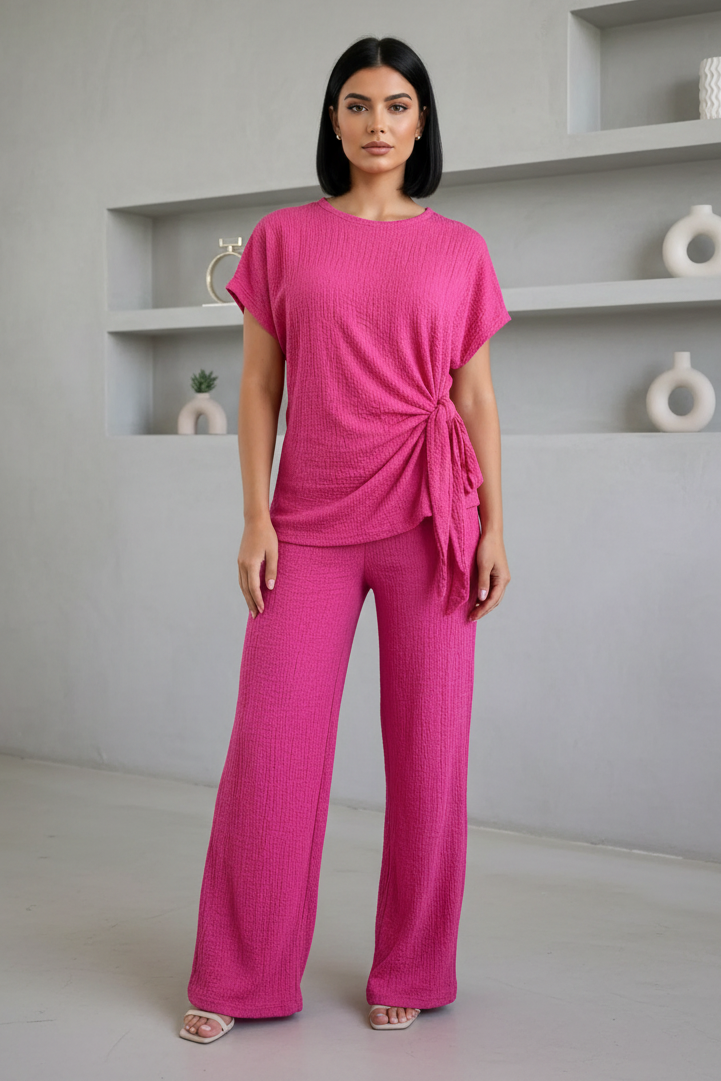 Ladies Womens Popcorn Short Sleeve Tie Side Knot Co-Ord 2Pcs Set 🇬🇧