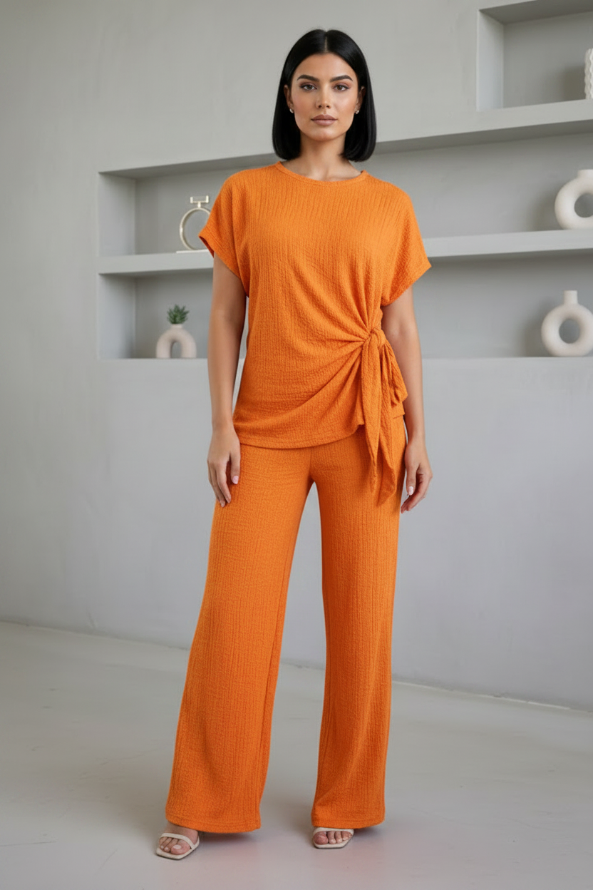 Ladies Womens Popcorn Short Sleeve Tie Side Knot Co-Ord 2Pcs Set 🇬🇧
