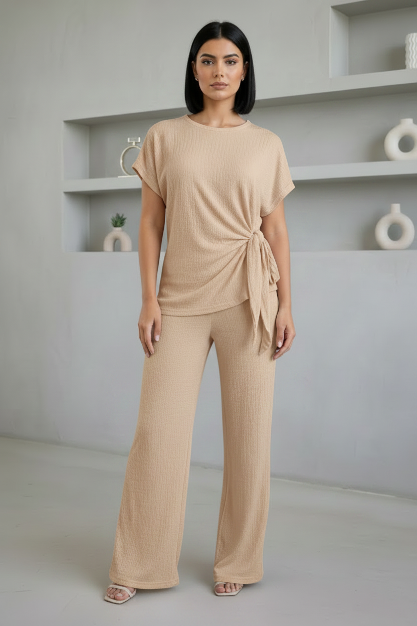 Ladies Womens Popcorn Short Sleeve Tie Side Knot Co-Ord 2Pcs Set 🇬🇧