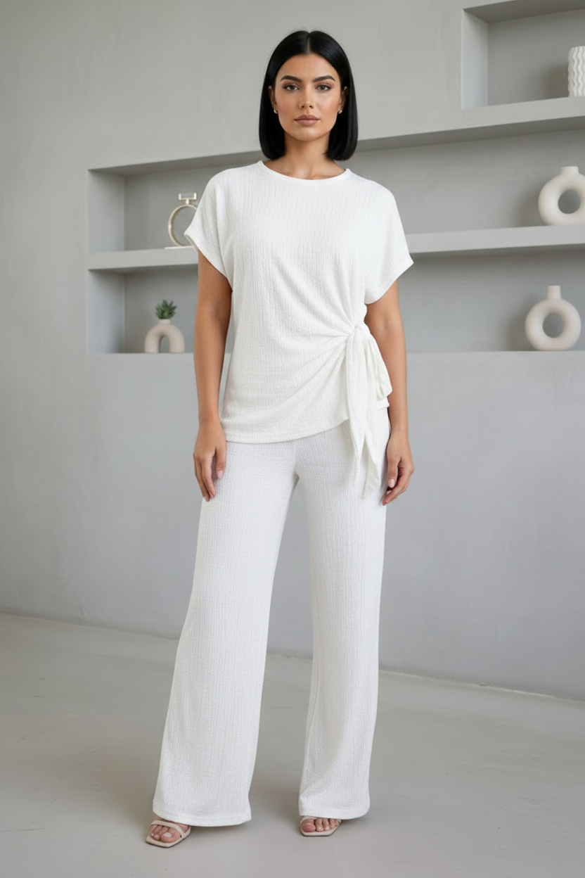 Ladies Womens Popcorn Short Sleeve Tie Side Knot Co-Ord 2Pcs Set 🇬🇧