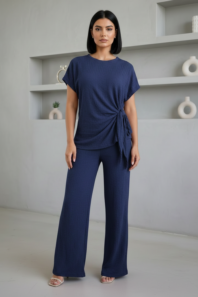 Ladies Womens Popcorn Short Sleeve Tie Side Knot Co-Ord 2Pcs Set 🇬🇧