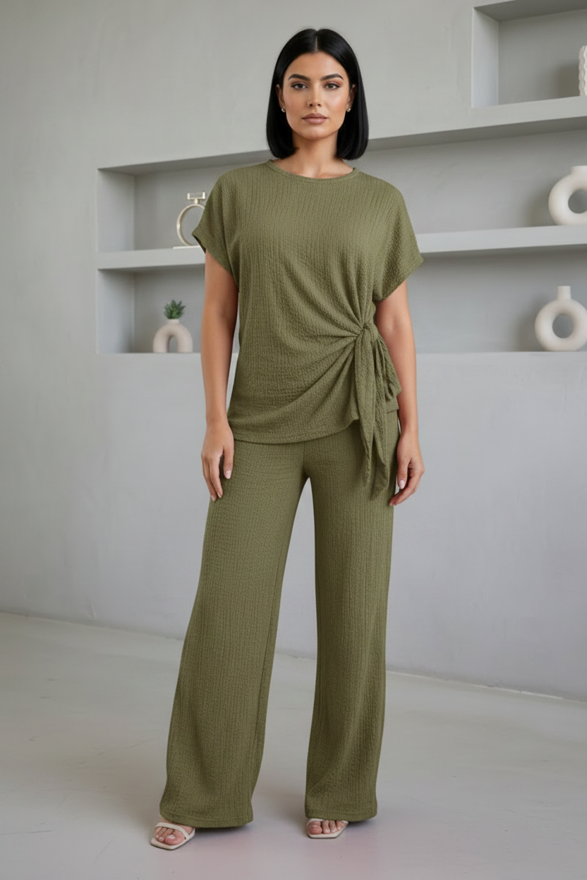 Ladies Womens Popcorn Short Sleeve Tie Side Knot Co-Ord 2Pcs Set 🇬🇧