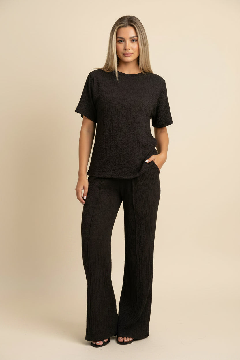 Womens Popcorn Side Ruched Gathered Side Top Ladies Wide Flare Leg Palazzo Tracksuit Lounge Wear Co Ord Set 🇬🇧