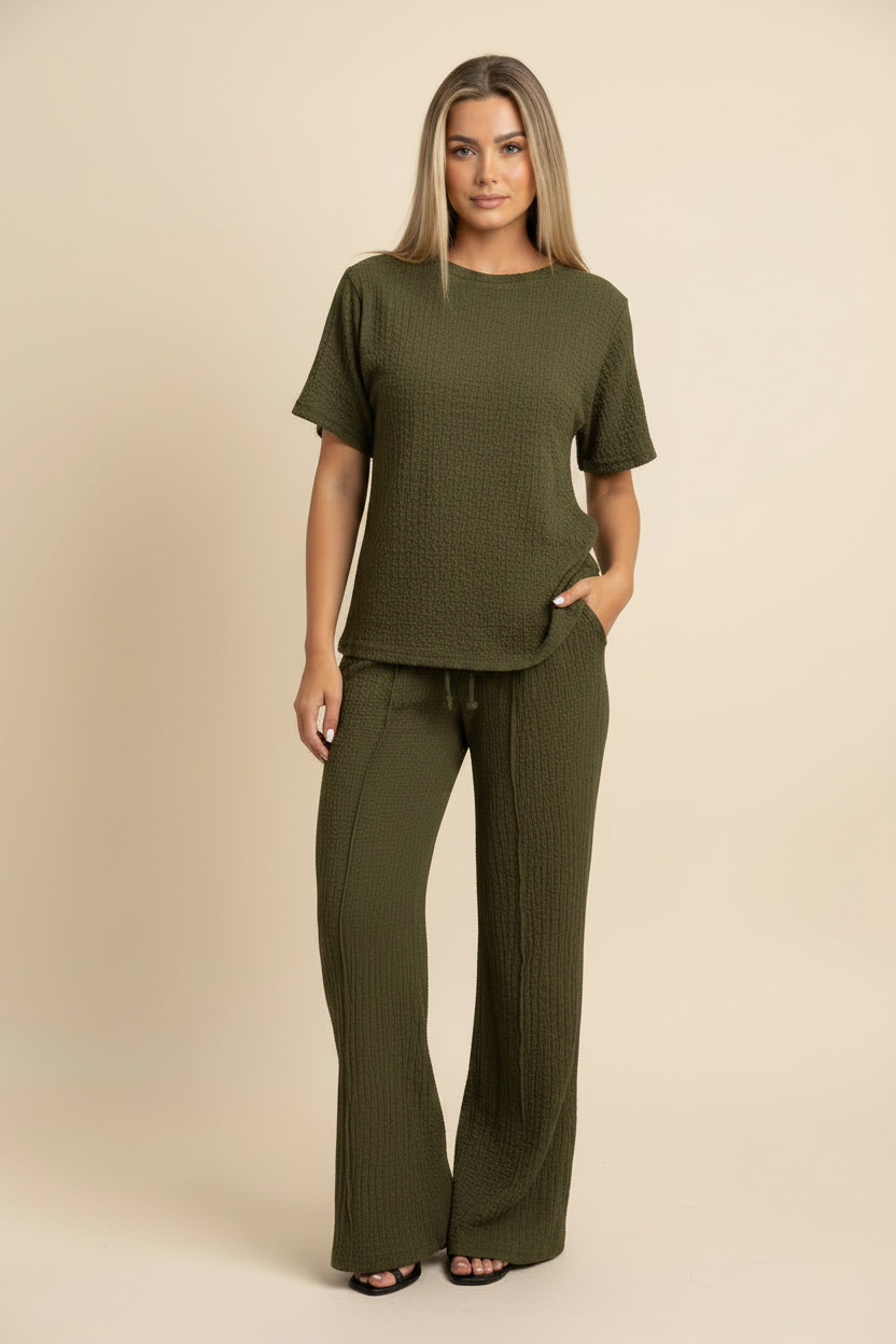 Womens Popcorn Side Ruched Gathered Side Top Ladies Wide Flare Leg Palazzo Tracksuit Lounge Wear Co Ord Set 🇬🇧