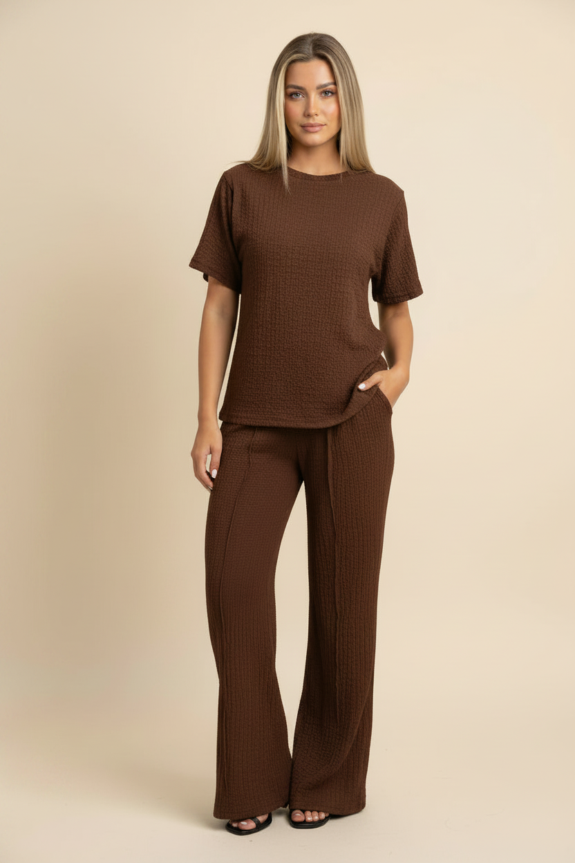 Womens Popcorn Side Ruched Gathered Side Top Ladies Wide Flare Leg Palazzo Tracksuit Lounge Wear Co Ord Set 🇬🇧