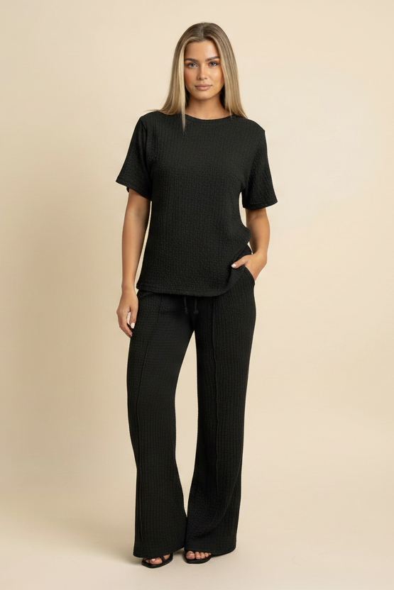 Womens Popcorn Side Ruched Gathered Side Top Ladies Wide Flare Leg Palazzo Tracksuit Lounge Wear Co Ord Set 🇬🇧