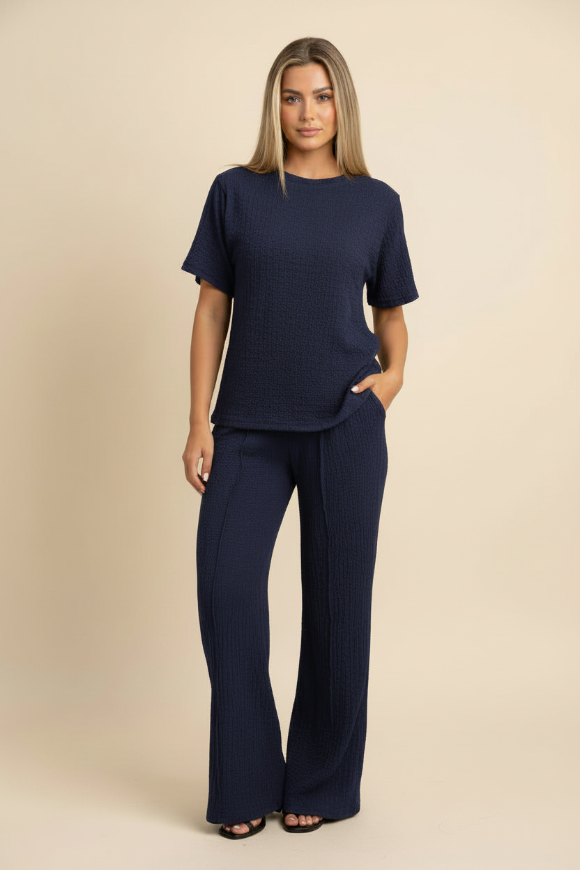 Womens Popcorn Side Ruched Gathered Side Top Ladies Wide Flare Leg Palazzo Tracksuit Lounge Wear Co Ord Set 🇬🇧