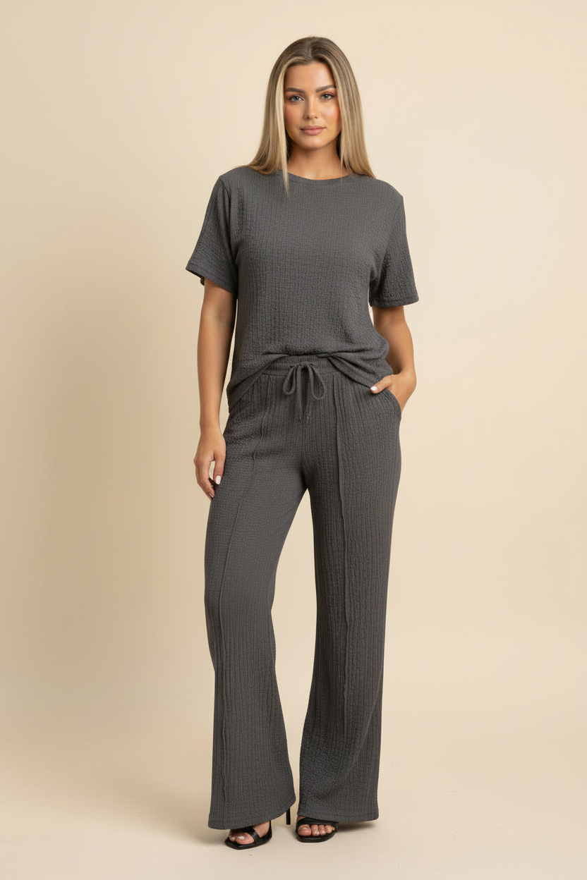 Womens Popcorn Side Ruched Gathered Side Top Ladies Wide Flare Leg Palazzo Tracksuit Lounge Wear Co Ord Set 🇬🇧