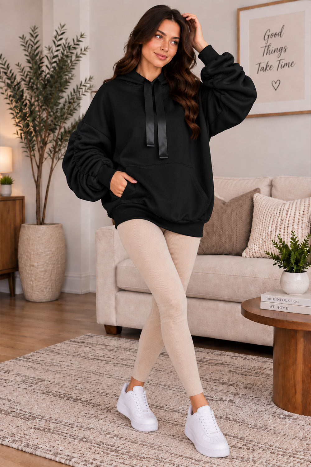 Women’s Ruched Sleeve Oversized Ladies Ribbon Hoodie Jumper Top 🇬🇧