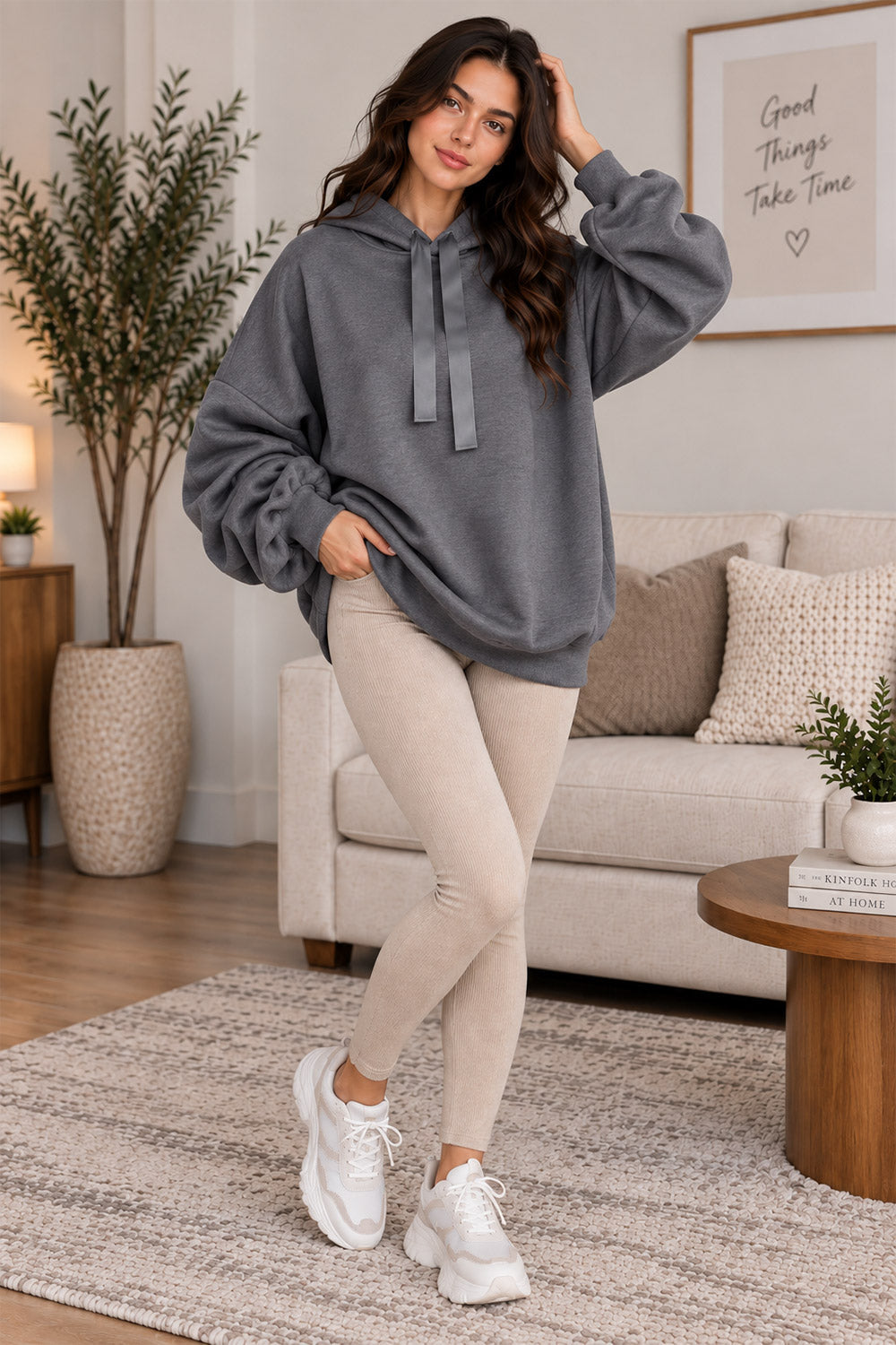 Women’s Ruched Sleeve Oversized Ladies Ribbon Hoodie Jumper Top 🇬🇧