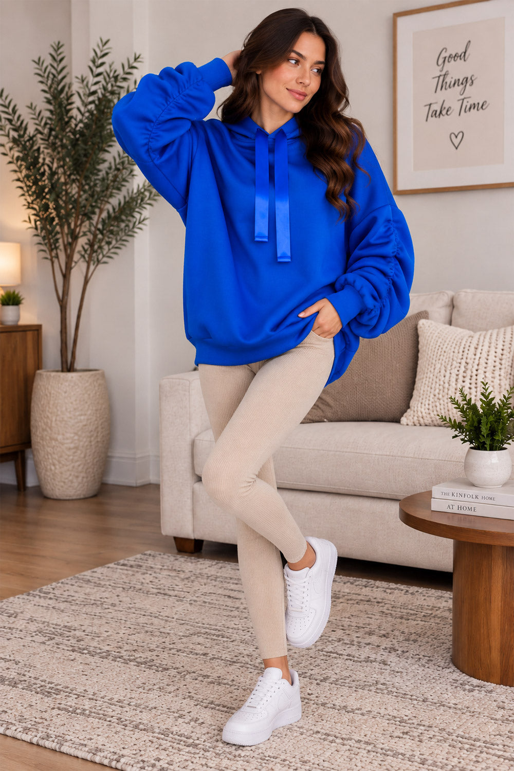 Women’s Ruched Sleeve Oversized Ladies Ribbon Hoodie Jumper Top 🇬🇧