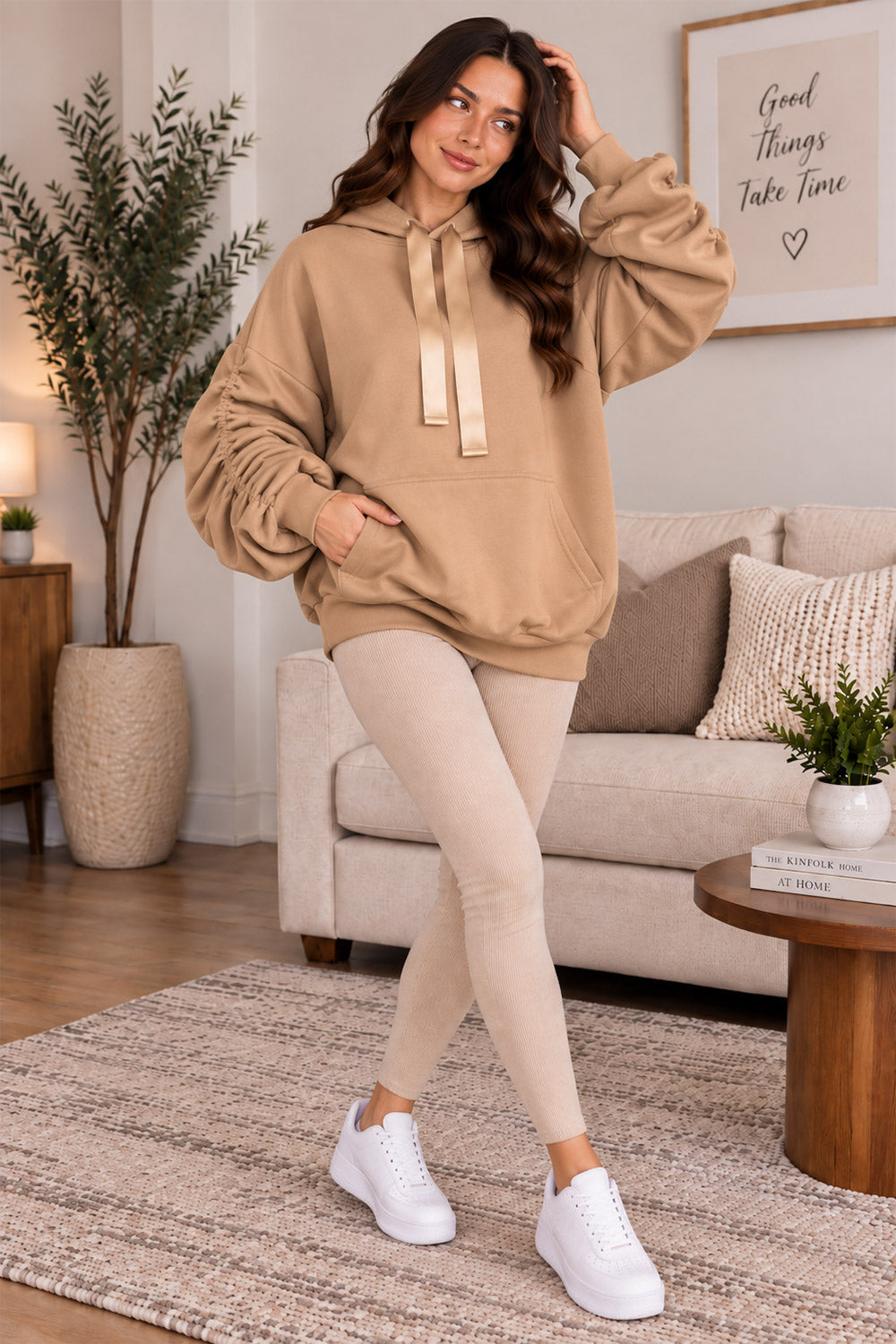 Women’s Ruched Sleeve Oversized Ladies Ribbon Hoodie Jumper Top 🇬🇧