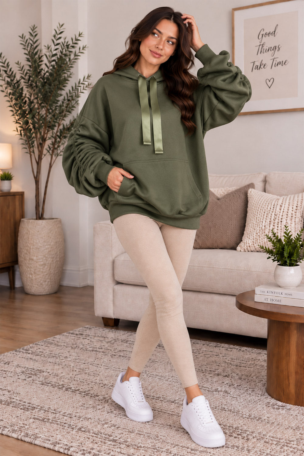 Women’s Ruched Sleeve Oversized Ladies Ribbon Hoodie Jumper Top 🇬🇧