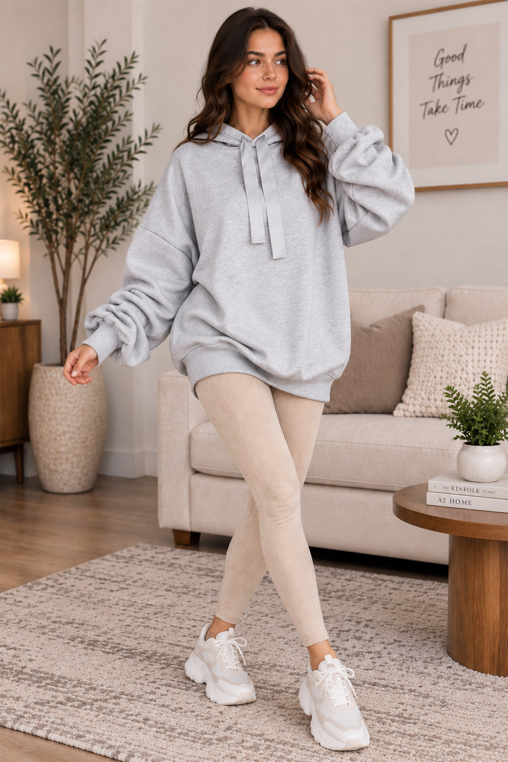 Women’s Ruched Sleeve Oversized Ladies Ribbon Hoodie Jumper Top 🇬🇧