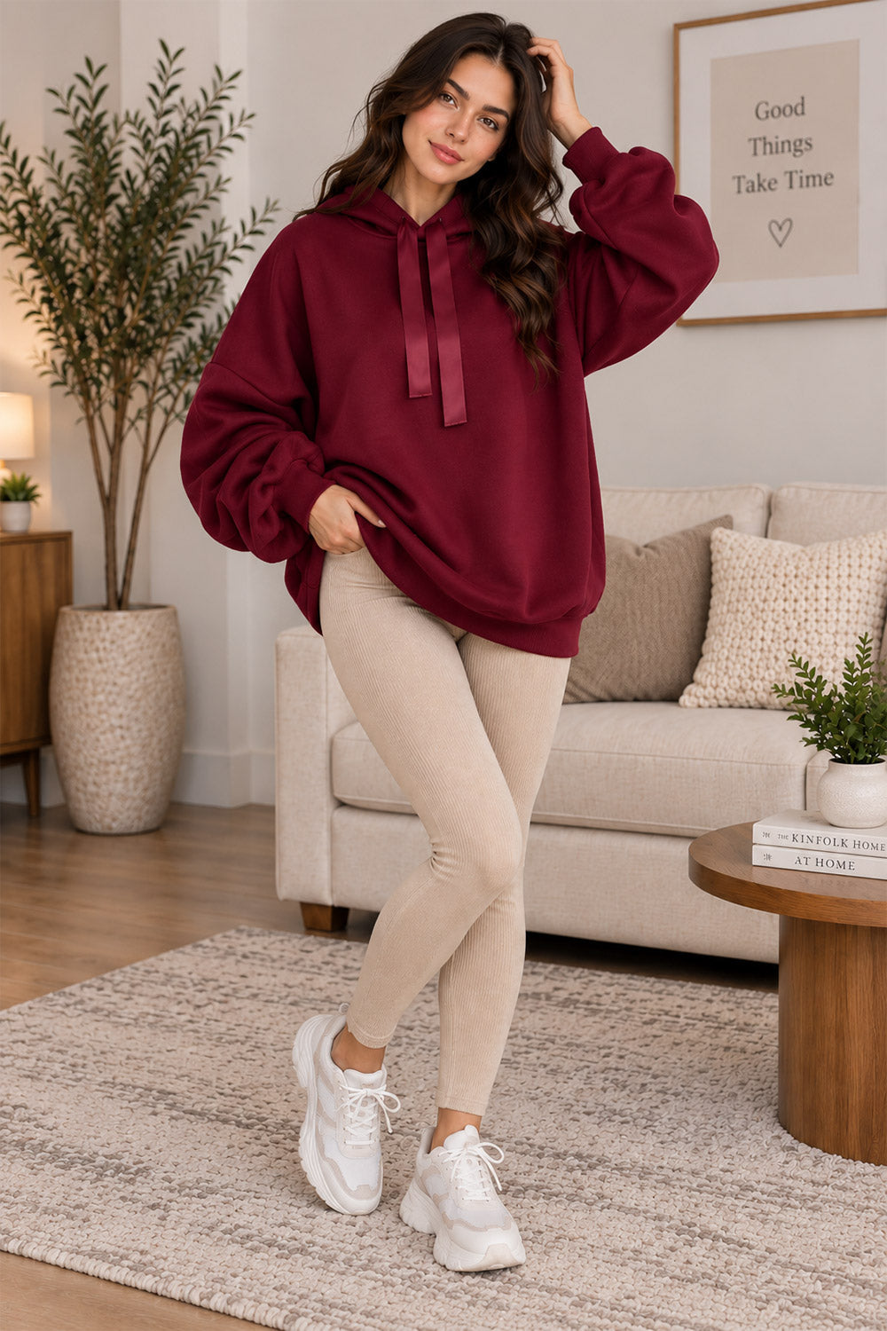Women’s Ruched Sleeve Oversized Ladies Ribbon Hoodie Jumper Top 🇬🇧