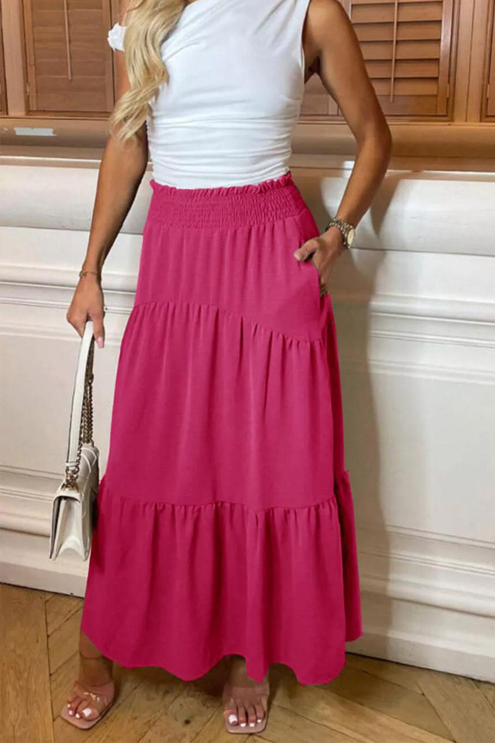 Womens Ladies High Waisted Sheering Pockets Maxi Skirt 🇬🇧