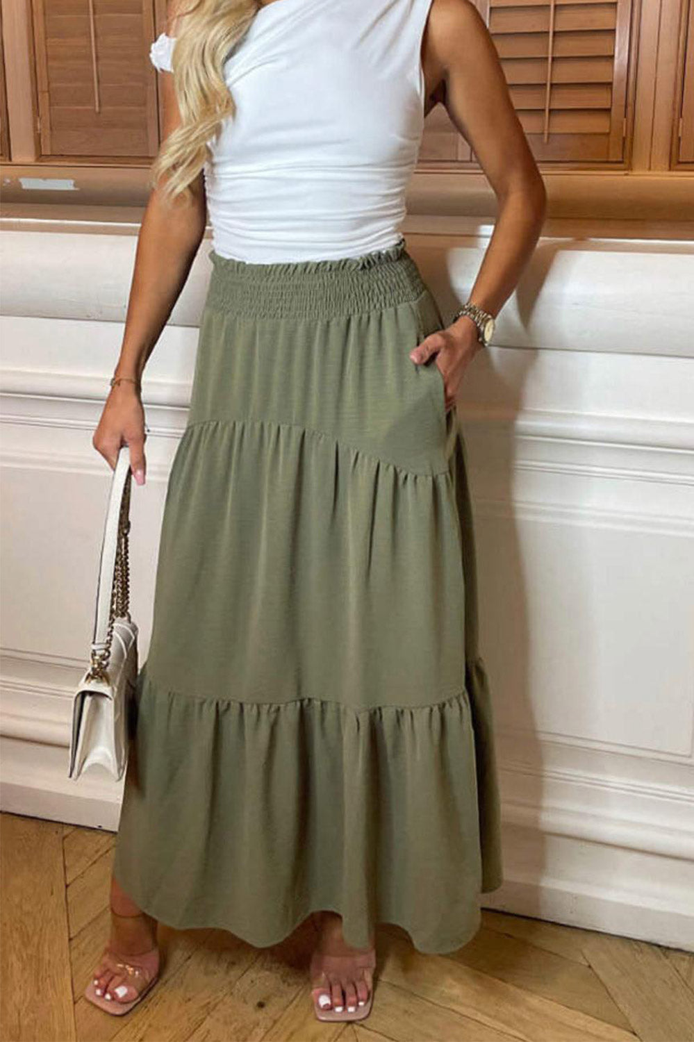 Womens Ladies High Waisted Sheering Pockets Maxi Skirt 🇬🇧